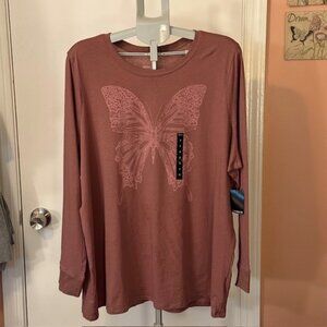 Heritage by Torrid, 3|3x|22-24, Rose Pink Long‑Sleeve Butterfly Graphic Top NWT